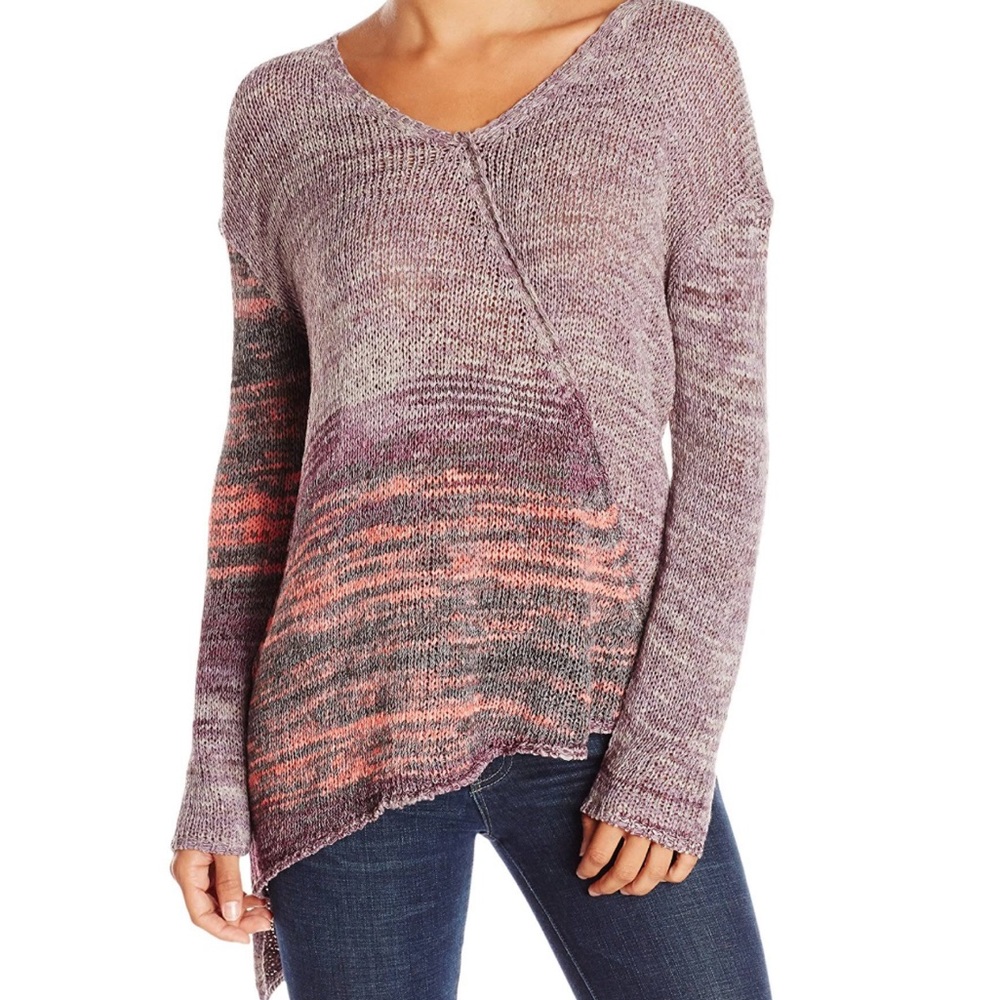 Prana Vignette Sweater Asymmetrical V-Neck in shades of purple gray pink Size XS